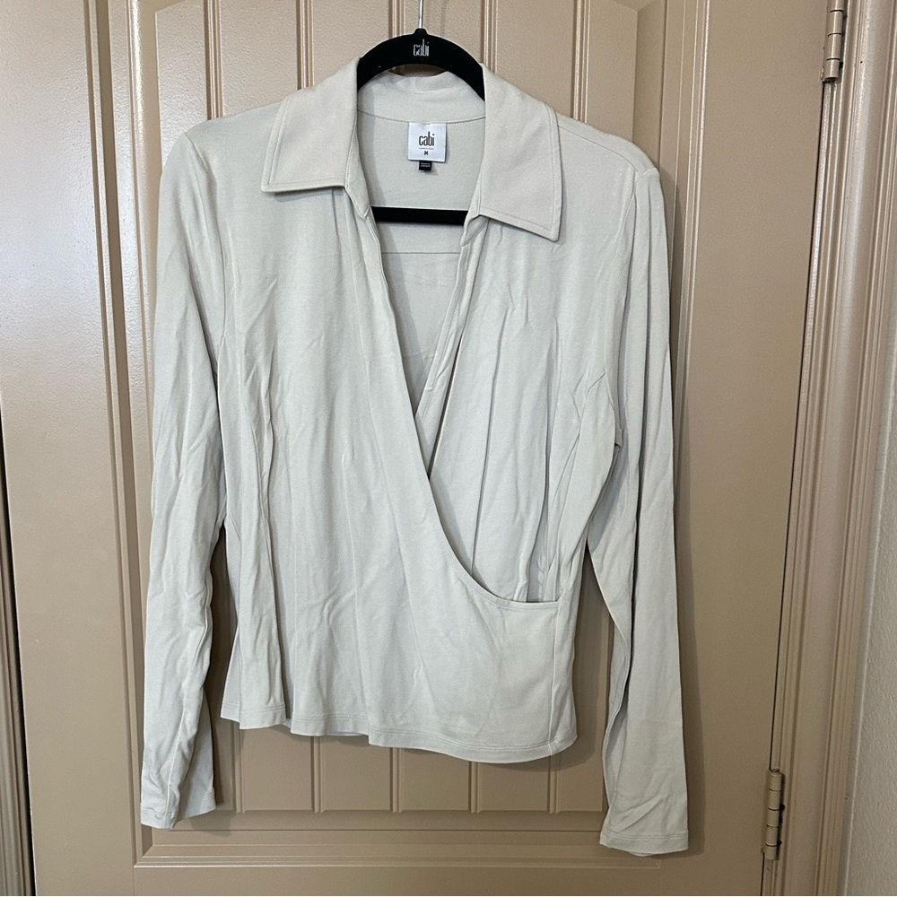 CAbi Cream Long Sleeve Wrap Blouse Golden Rule Crossover Top size M New!